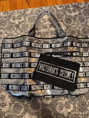 Victoria's Secret Black and Silver Sequin Logo Tote